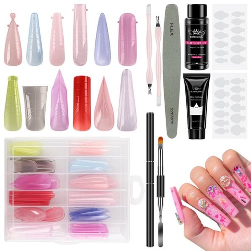 144Pcs Poly Nail Gel Form Kit, 12 Style 12 Sizes and Colors Dual Nail Forms, with Poly Nail Gel, Slip Solution, Brush Pen,Nail File, Cuticle Pusher, Silicone Tip Sticker for Salon & DIY at Home