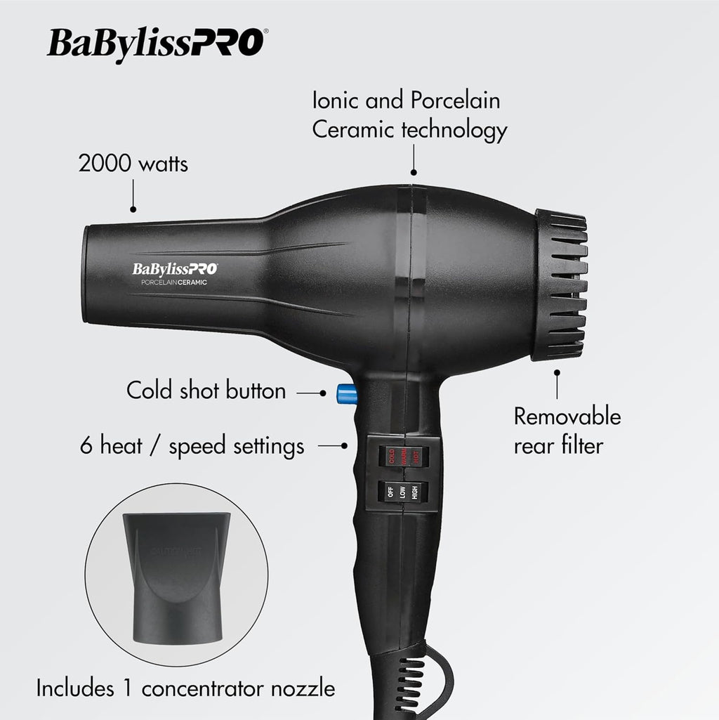 BaBylissPRO Porcelain Ceramic 2800 Hair Dryer - Fast Drying, Lightweight Design