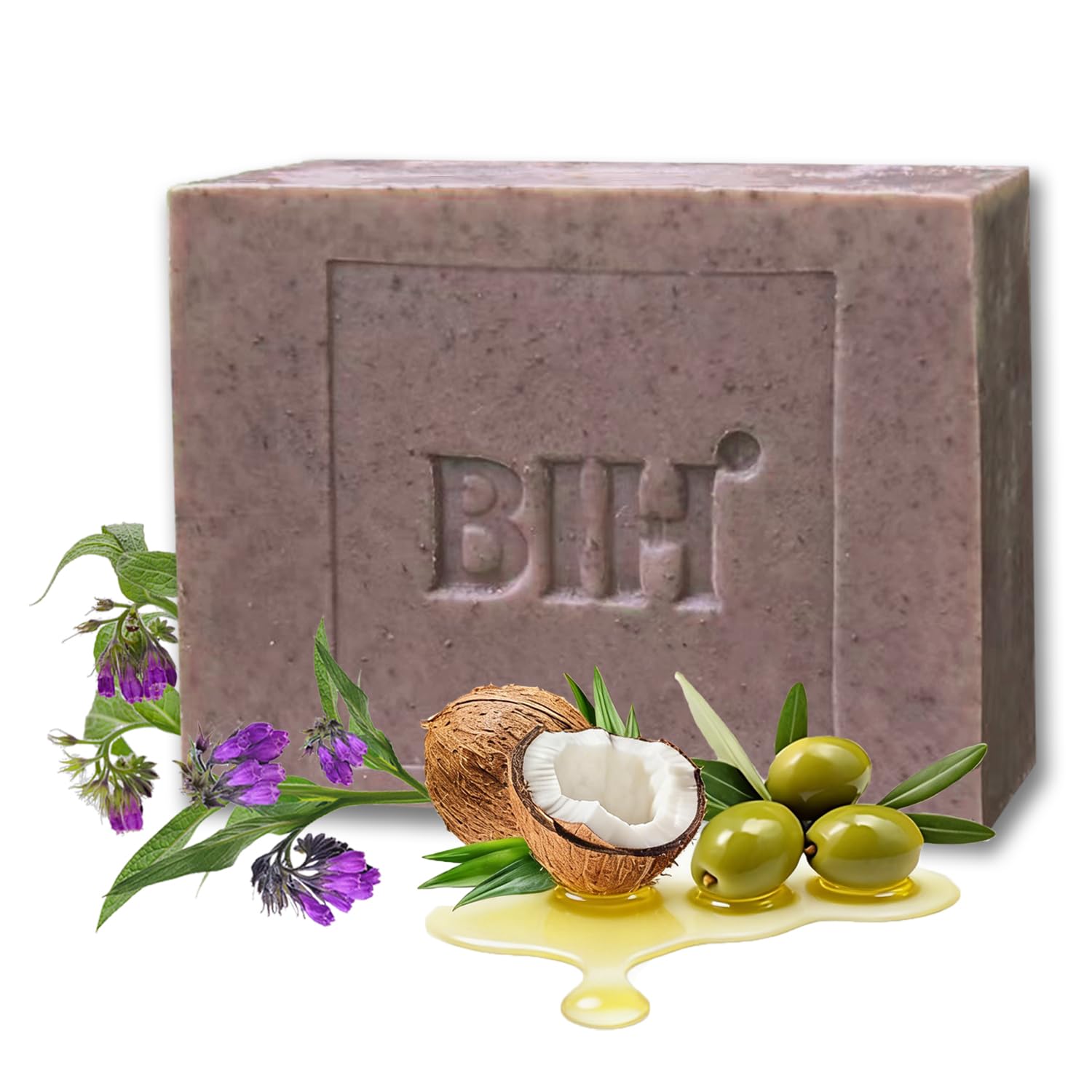 BIH Comfrey Marseille Bar Soap Cold Process Body Soap Bar with Olive Oil & Coconut Oil, Gentle Cleansing & Moisturizes Bar for All Skin, 7.05oz - 1 Pack