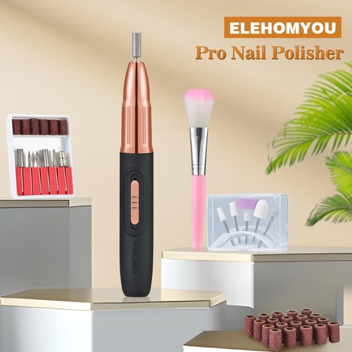 ELEHOMYOU Electric Nail Drill - Cordless Nail Drill with 11 Drill Bits - Electric Nail File for Acrylic Gel Dip Powder Nails, Nail Filer Electric for Manicure Pedicure Polishing Shape (Black)