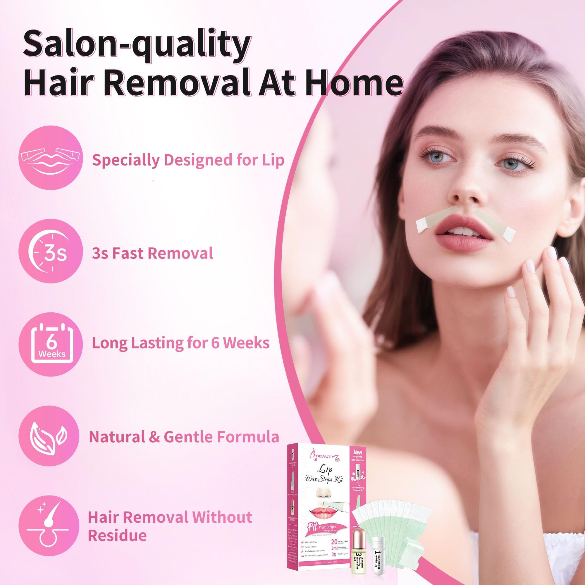 Beauty7 Lip Wax Strips for Women, Facial Wax Strips, Hair Removal for All Skin Types, 20 pcs Strips with Pearl Powder Essential Oil