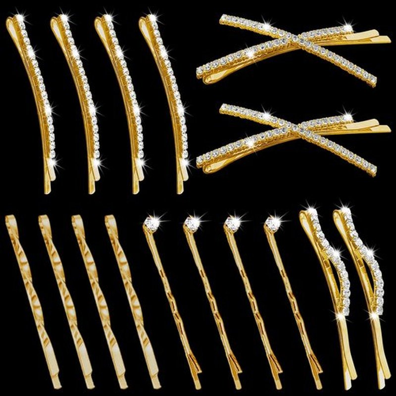 16 Pieces Gold Rhinestone Bobby Pins Set Delicate Decorative Fancy Crystal Hair Clips Shiny Fancy Metal Barrettes, I S X Shaped Diamond Hair Accessories for Women Ladies Girls Wedding Prom Party