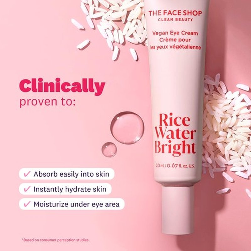 The Face Shop Rice Water Bright Vegan Eye Cream - Eye Cream for Dark Circles - Dark Circles Under Eye Treatment - Under Eye Brightener - Hydrating - Niacinamide - Hyaluronic Acid - Korean Skin Care