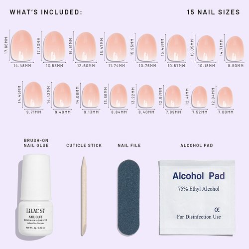 Lilac St - Press on Nails, Sheer Chemise (30 Nails, 15 Sizes) - Short, Round, Glossy, Opaque - Brush-On Nail Glue, Nail File, Cuticle Stick, Prep Pad - Reusable - Cruelty Free, Vegan, Women Founded
