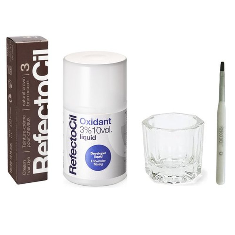 RefectoCil Natural Brown (#3) Hair Tinting Kit Includes Cream Hair Dye + Liquid Oxidant 3% + Mixing Brush & Mixing Dish