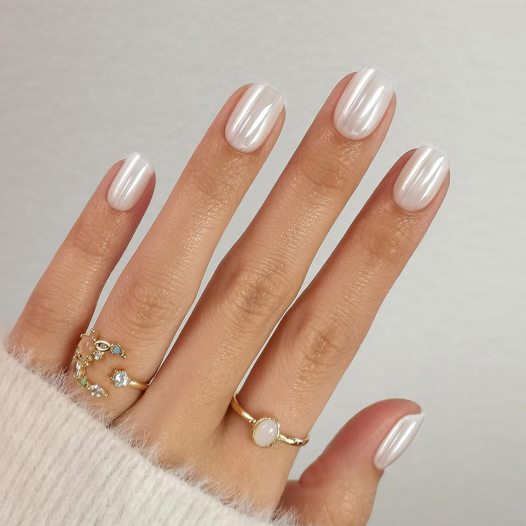 White Chrome Press on Nails Short - SHANGMENG Soft Gel Press on Nails Square for Women Gift, Fit Perfectly & Glossy Glue on Nails in 16 Sizes - 32 Reusable Fake Nails with Glue, Pearl White