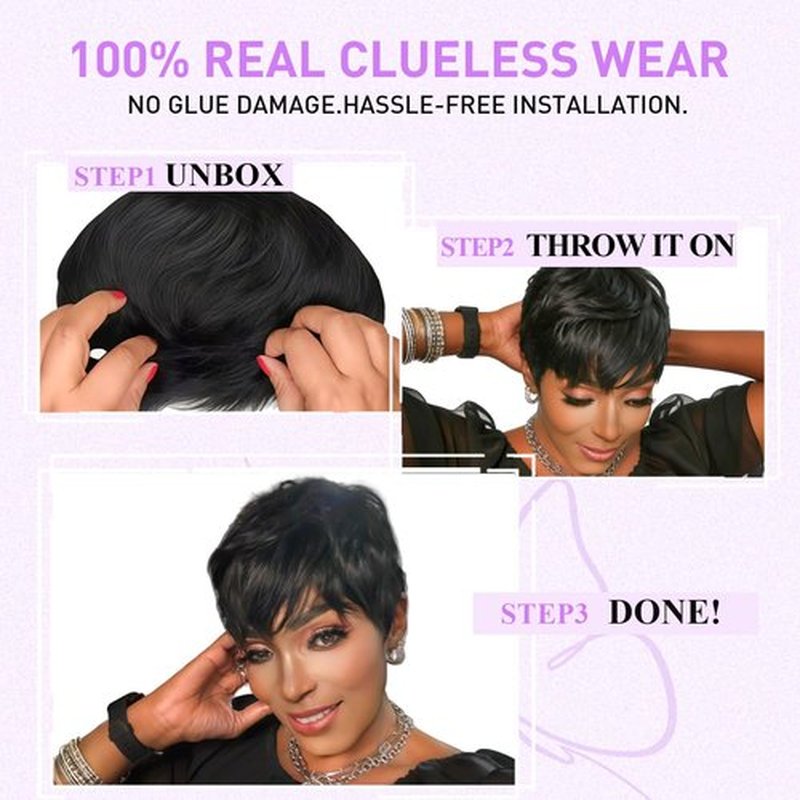 Pink Planet Pixie Cut Wig Human Hair for Black Women Short Pixie Cut Wigs Human Hair Wear and Go Glueless Pixie Wig Short Layered Brazilian Virgin Human Hair Wigs for Women （036-1B）