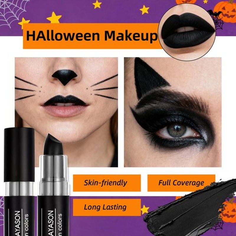 CAHOTO Halloween Black Cat Makeup Kit for Adult, Ears Headband, Black Lipstick, Eyeliner, Tail, and Bell Collar, Costume Accessories for Cosplay Party SFX Makeup