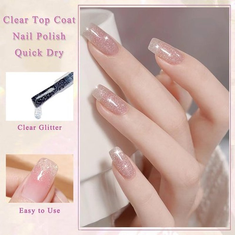 NovaCharm Clear Sparkle Nail Polish, Quick Dry Glitter Top Coat, Air-Dry Shimmer Nail Color for Women and Girls, Long Wear No-Lamp Nail Polish, 12ML