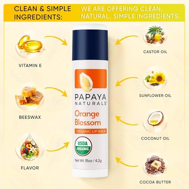Papaya Naturals Organic Lip Balm Set - 6 Pack of Beeswax, Cocoa Butter & Vitamin E for Dry Lips | Moisturizing Fruit Flavors