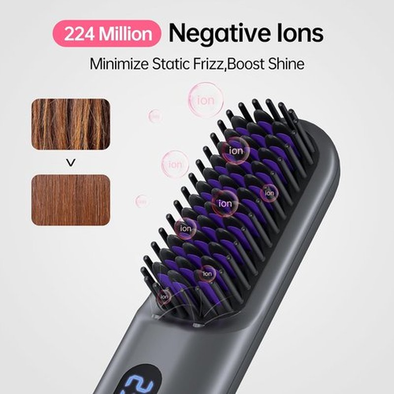 Skiennix Cordless Hair Straightener Brush - Portable Comb with 9600mAh Battery, Plasma Technology, 9 Temp Settings & LED Display - Ideal for Travel & Home (Grey)