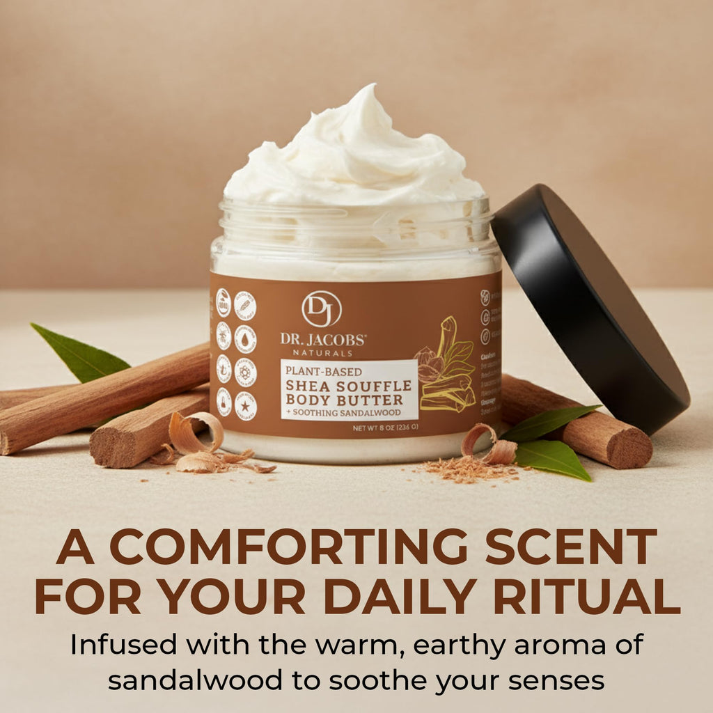 Dr. Jacobs Naturals Shea Soufflé Body Butter for Men and Women - Whipped Shea Butter for Skin Moisture and Softness Without Thick, Greasy Feel - Plant-Based Gentle Formula with Soothing Sandalwood