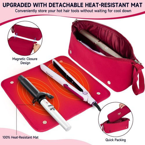Jaffzora Hair Tools Travel Bag with Heat Resistant Mat and Lining, Portable 2 in 1 Hair Storage Bag for Curling Iron, Flat Irons, Straighteners and Haircare Accessories(Red)