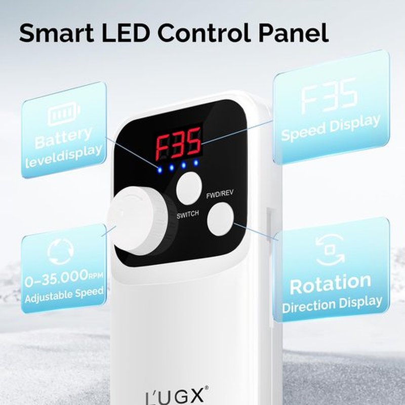 L'UGX Nail Drill Machine 35000RPM – Rechargeable Electric Nail File with LED Display, Portable Efile Nail Drills for Acrylic Gel Nails, Cordless Nails Drill for Beginners & Pros-White