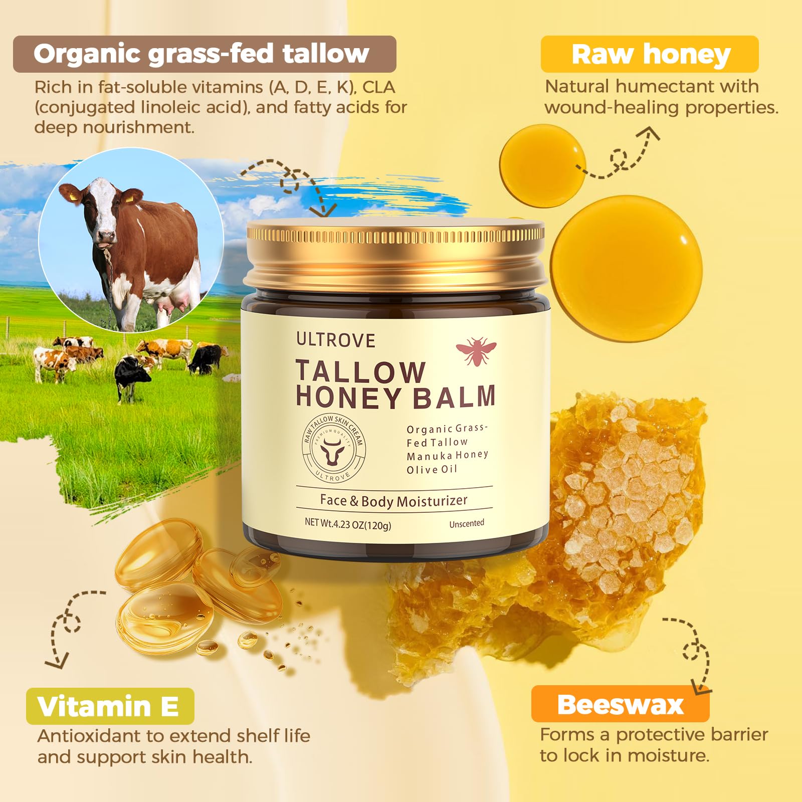 Ultrove Beef Tallow and Honey Balm for Skin, Natural Face + Body Moisturizer with Organic Grass-Fed Beef Tallow & Raw Wild Honey for Dry & Sensitive Skin, 4.23oz
