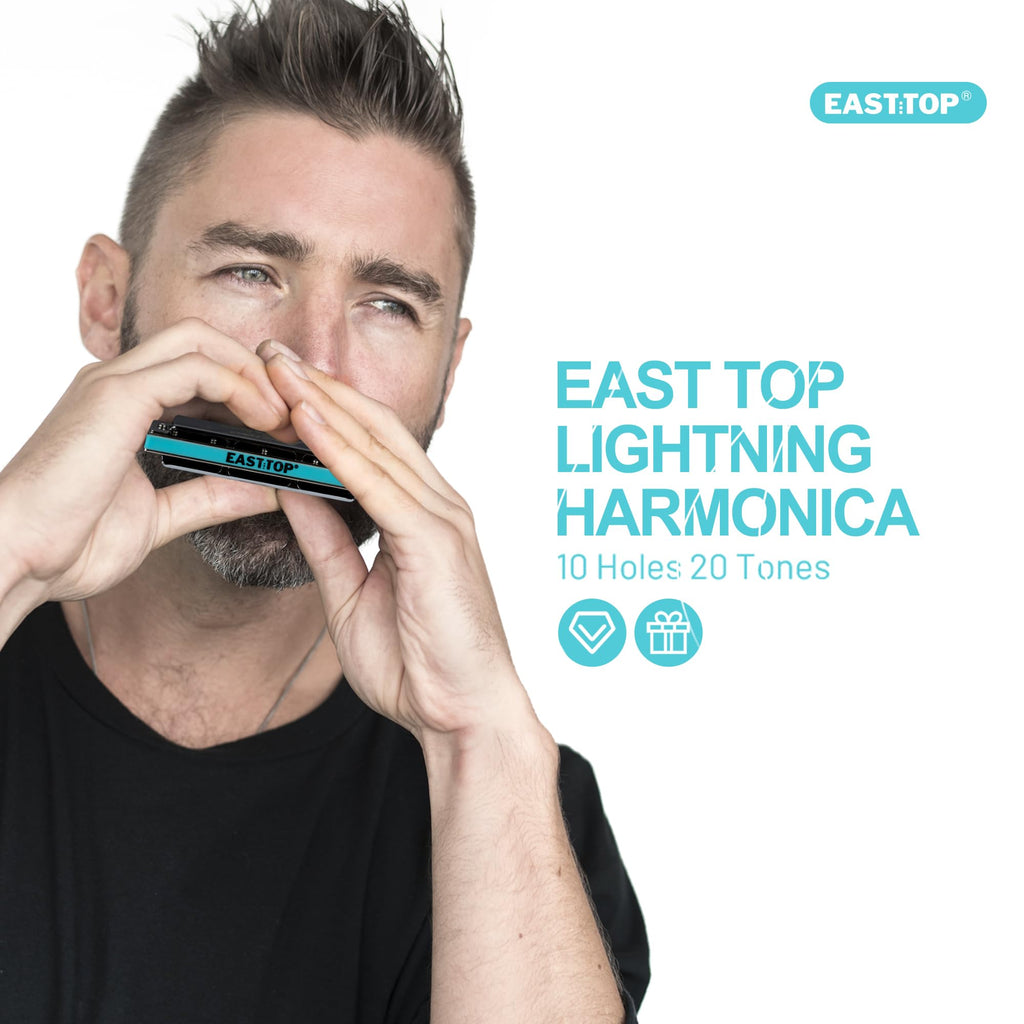 East top Lightning Harmonica, Advanced Diatonic Harmonica Key of C, 10 Holes Mouth Organ Harmonica with Silver Cover, Blues Harmonicas For Adults, Professionals and Students