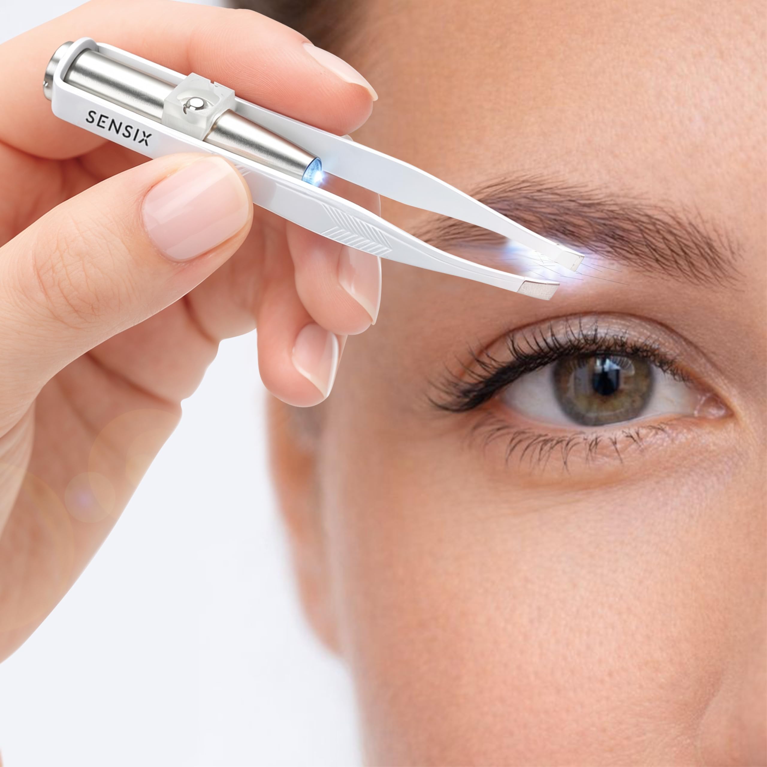 Sensica Eyebrow Tweezers with Light – LED Lighted Tweezers for Women Facial Hair – Precision Eyebrow Plucking Slant Tip Stainless Steel Tweezer with Long Arms & 3 Extra Batteries
