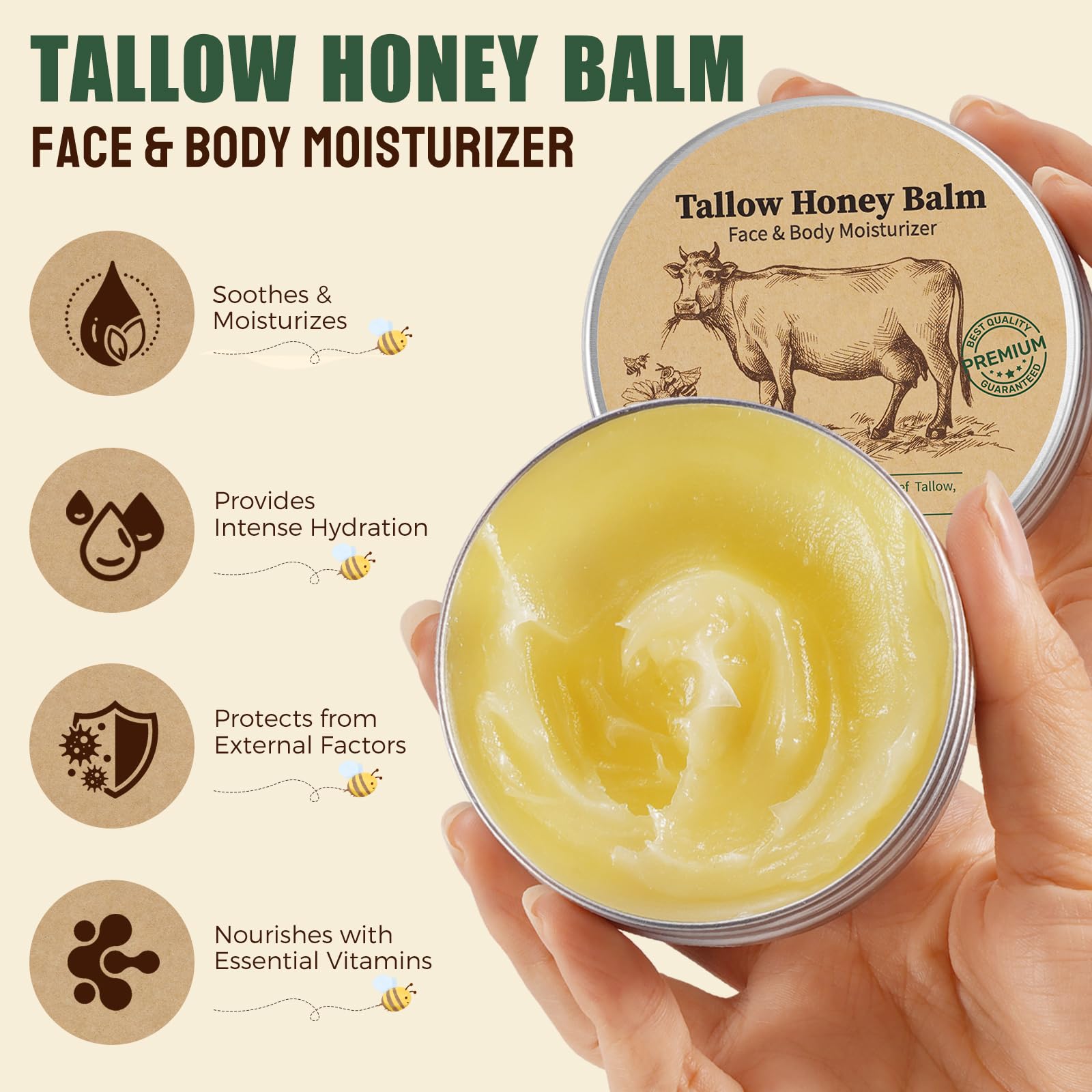 Beef Tallow and Honey Balm for Skin & Face, Grass-Fed Beef Tallow Balm Deeply Nourishing Face Moisturizer, Repairs Skin Barrier for Dry Care, Helps Smooth Appearance Fine Lines & Anti-Aging - 70g
