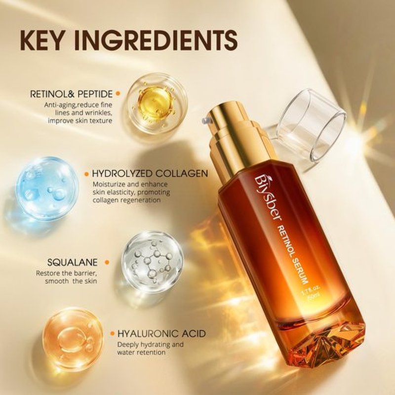 BIYSBER Retinol Collagen Serum for Face: Anti Aging &Anti Wrinkle Repair Peptide Serum with Hyaluronic Acid to Boost Hydration- Day/Night Facial Firming Neck Plump Skin Care for Women/Men(1.70 Fl Oz)
