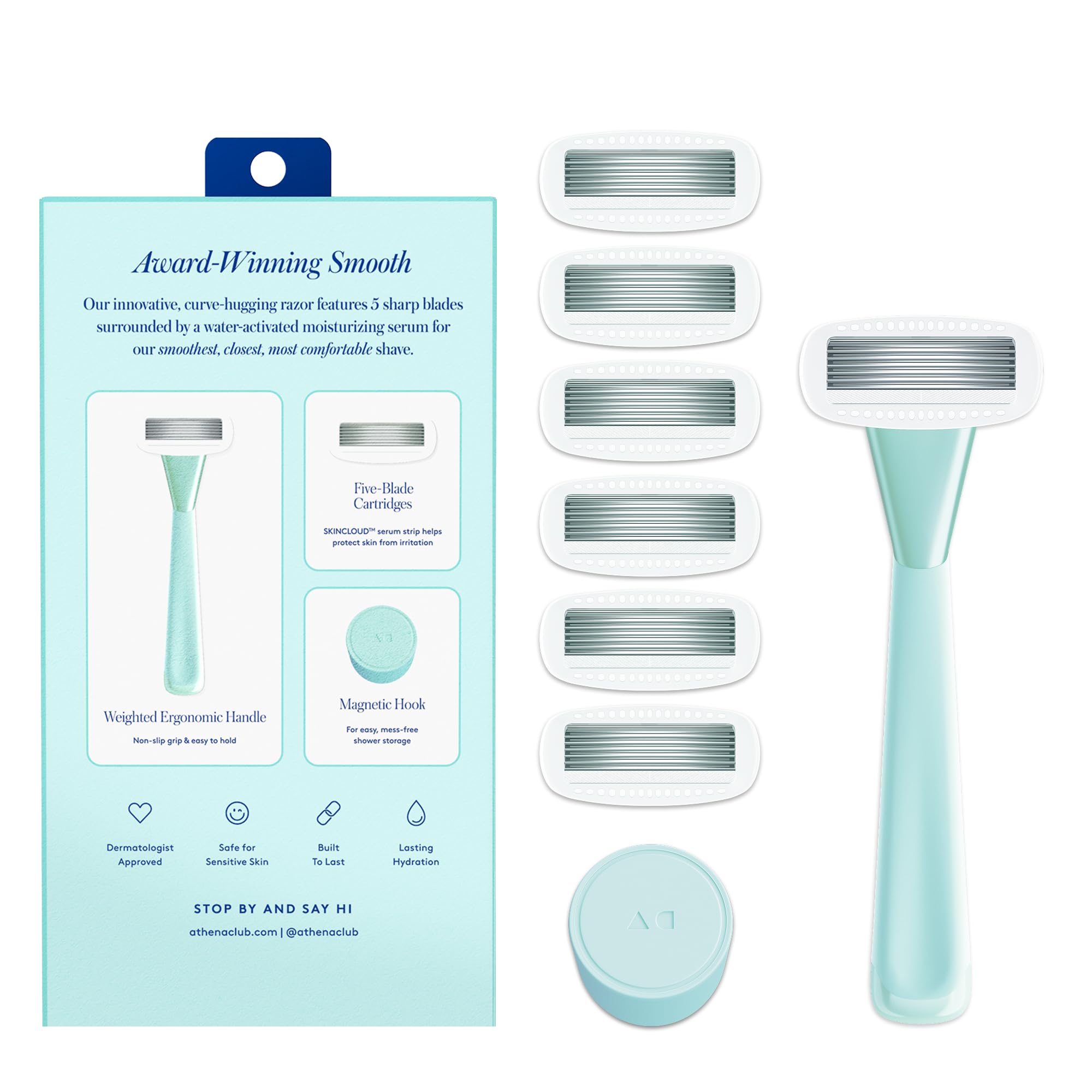 Athena Club Women’s Razor Kit, 5-Blade Cartridge Razor for Sensitive Skin, Serum-Infused Blades with Shea Butter and Hyaluronic Acid, Includes Handle, 6 Refills and Magnetic Shower Hook - Mint