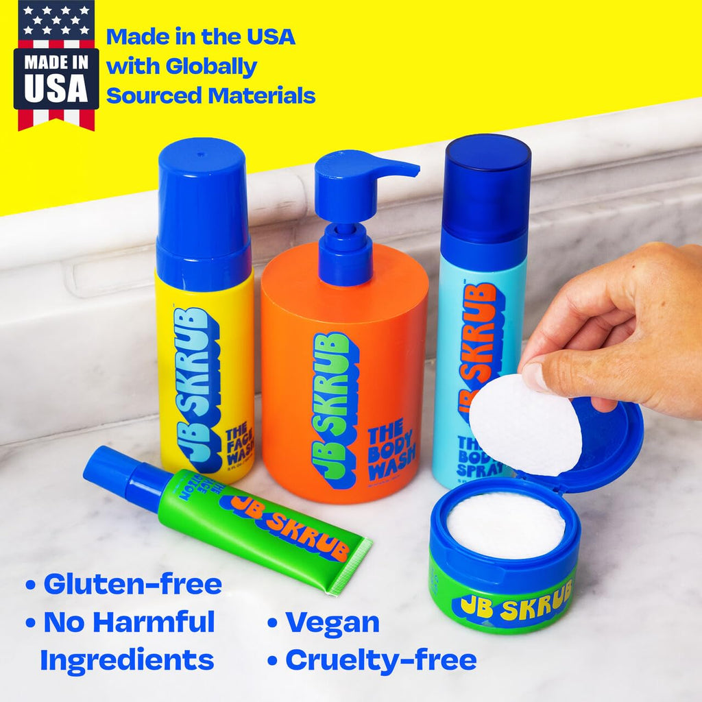 JB SKRUB The Ultimate Bundle - Complete Skin Care Set for Kids, Tweens, and Teens, Includes Body Wash, Body Spray, Acne Face Wash, Face Pads, and Face Lotion