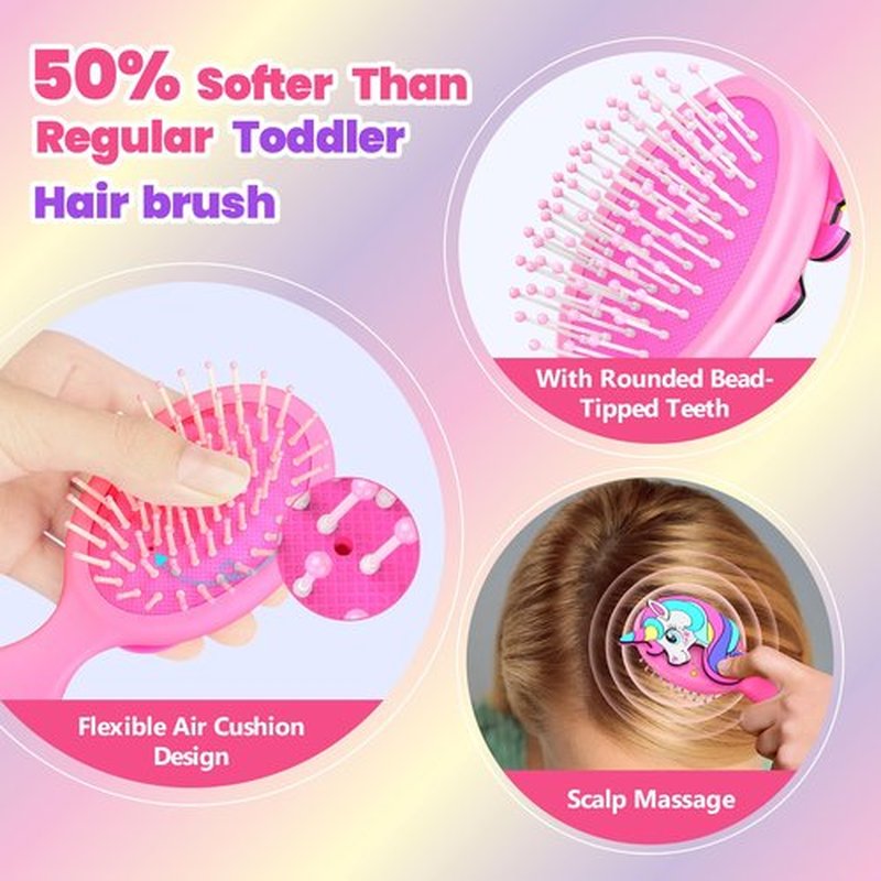 Sparkle Unicorn Toddler Hair Brush for Toddler Girls & Kids Ages 2-4+, Pink Mini Unicorn Hairbrush, Gentle Detangling brush, Wet & Dry Hair, Soft Ball-Tip Bristles for Sensitive Scalp, Travel-Friendly