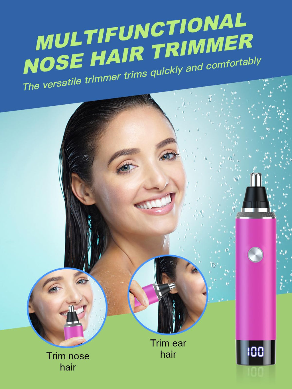 LONFANTAR Nose Hair Trimmer for Women and Men，Rechargeable with LED Display,2 in 1 Painless Multifunctional Ear and Nose Trimmer with IPX7 Waterproof Dual Edge Blades-Magenta