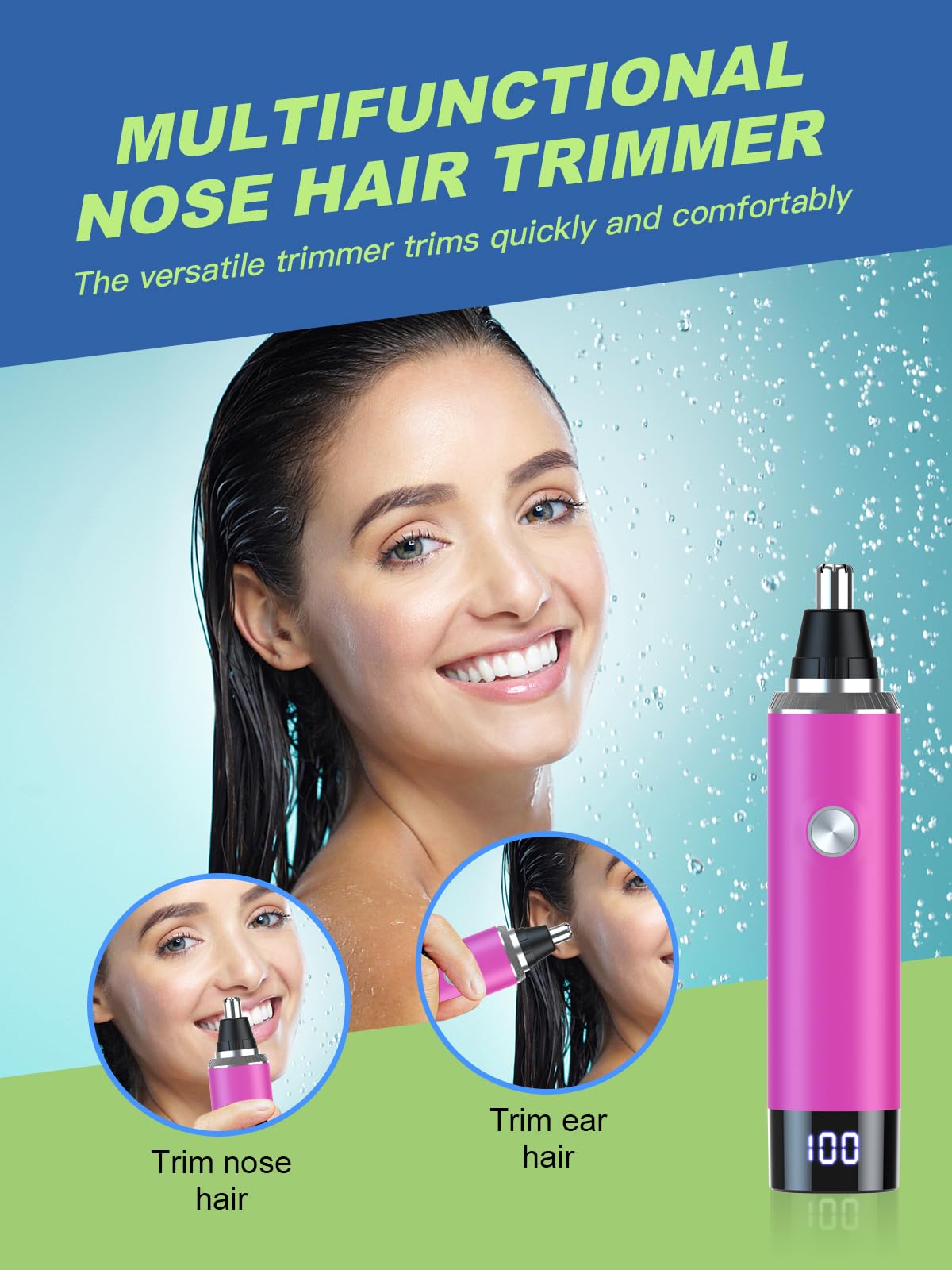 LONFANTAR Nose Hair Trimmer for Women and Men，Rechargeable with LED Display,2 in 1 Painless Multifunctional Ear and Nose Trimmer with IPX7 Waterproof Dual Edge Blades-Magenta