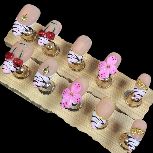 Handmade Press On Nails, 3D Flower Cherry Blossom Design, Medium Almond Shape, Nude Pink with Black Zebra Tips, Reusable Acrylic False Nails (Wild Garden, M)