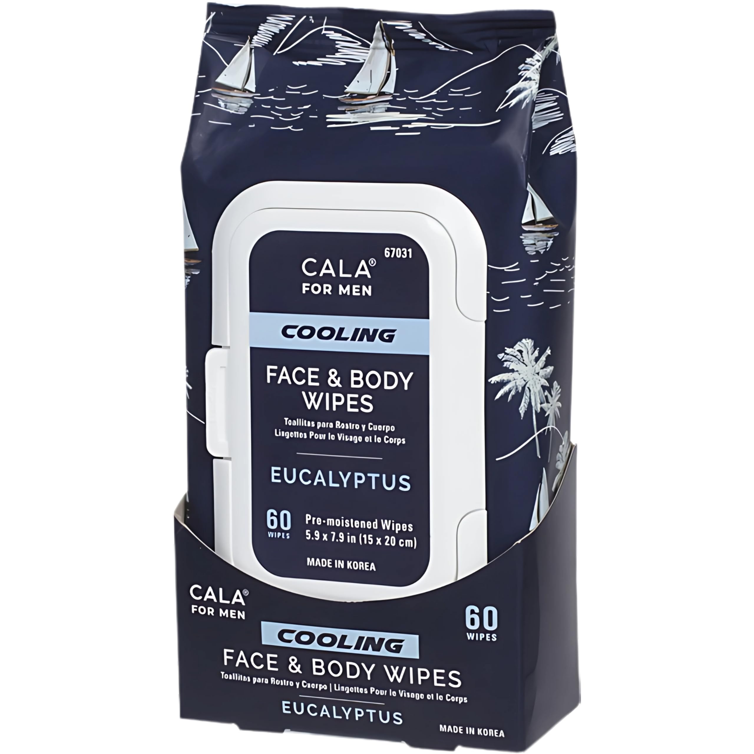CALA for Men Cooling Face & Body Wipes, Eucalyptus Leaf Oil + Witch Hazel, Unscented Pre-Moistened Cleansing Tissues for Sweat & Grime, Soft Woven Cloth, 60 Sheets