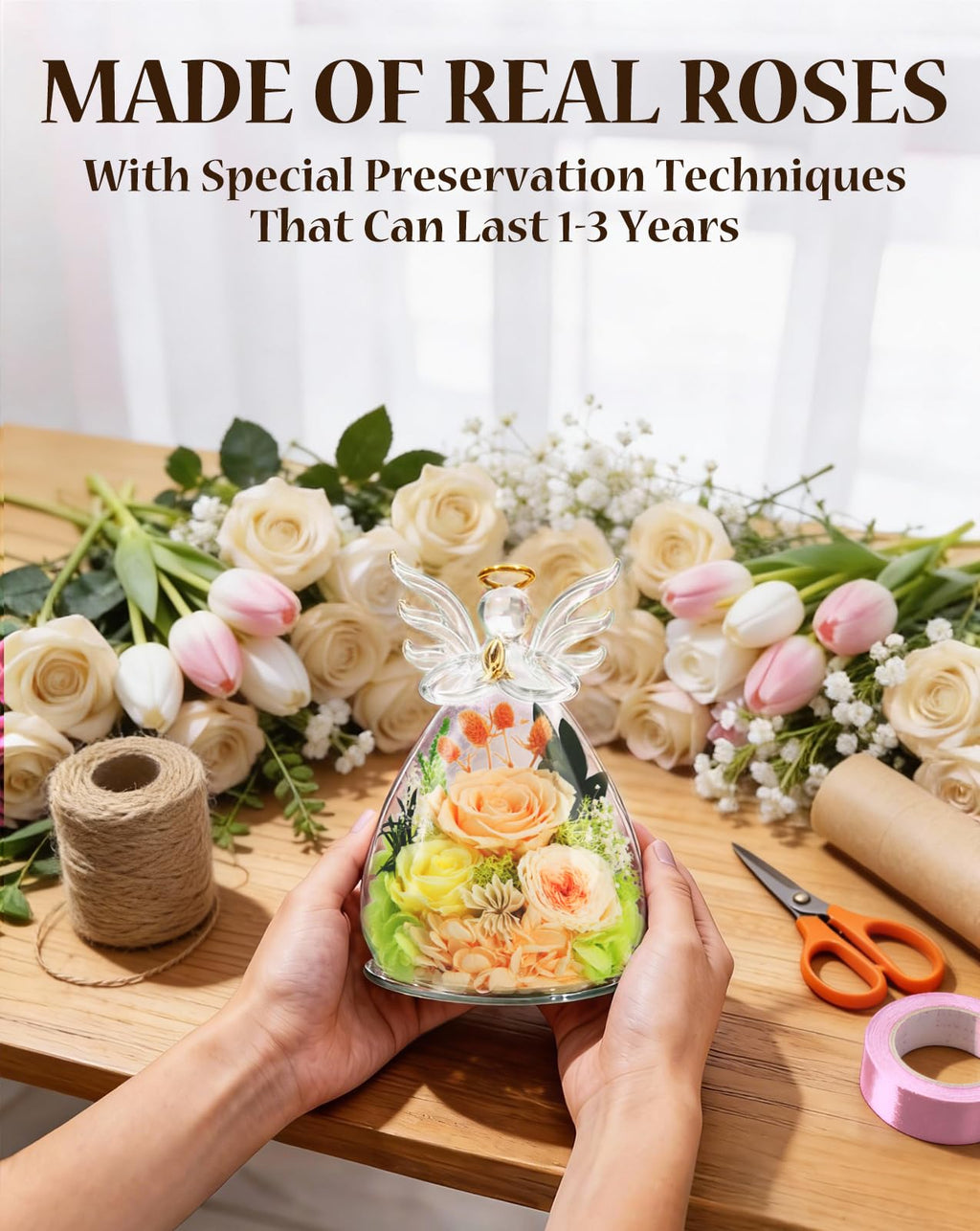 homeasy Mothers Day Roses Gifts for Women Mom, Preserved Flowers Rose in Glass Angel Figurines, Forever Fresh Flowers for Delivery Gift Box with 3D Card for Grandma Wife Her