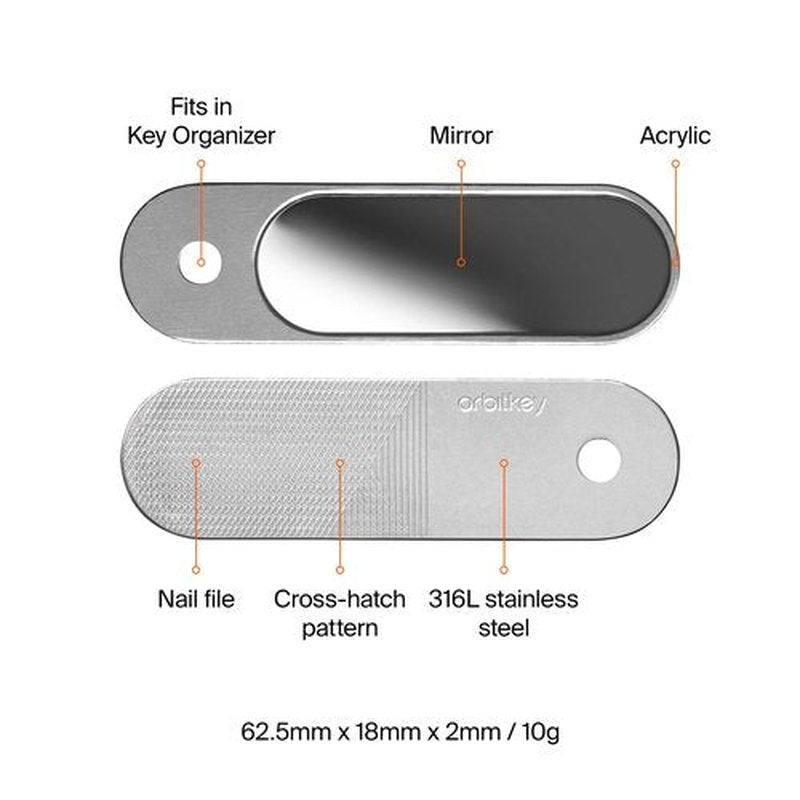 Orbitkey Nail File & Mirror for Key Organizer or Key Ring, Add On | 2-in-1 Compact Beauty Tool Nail File & Mirror | Made with Stainless Steel, Slim and Durable