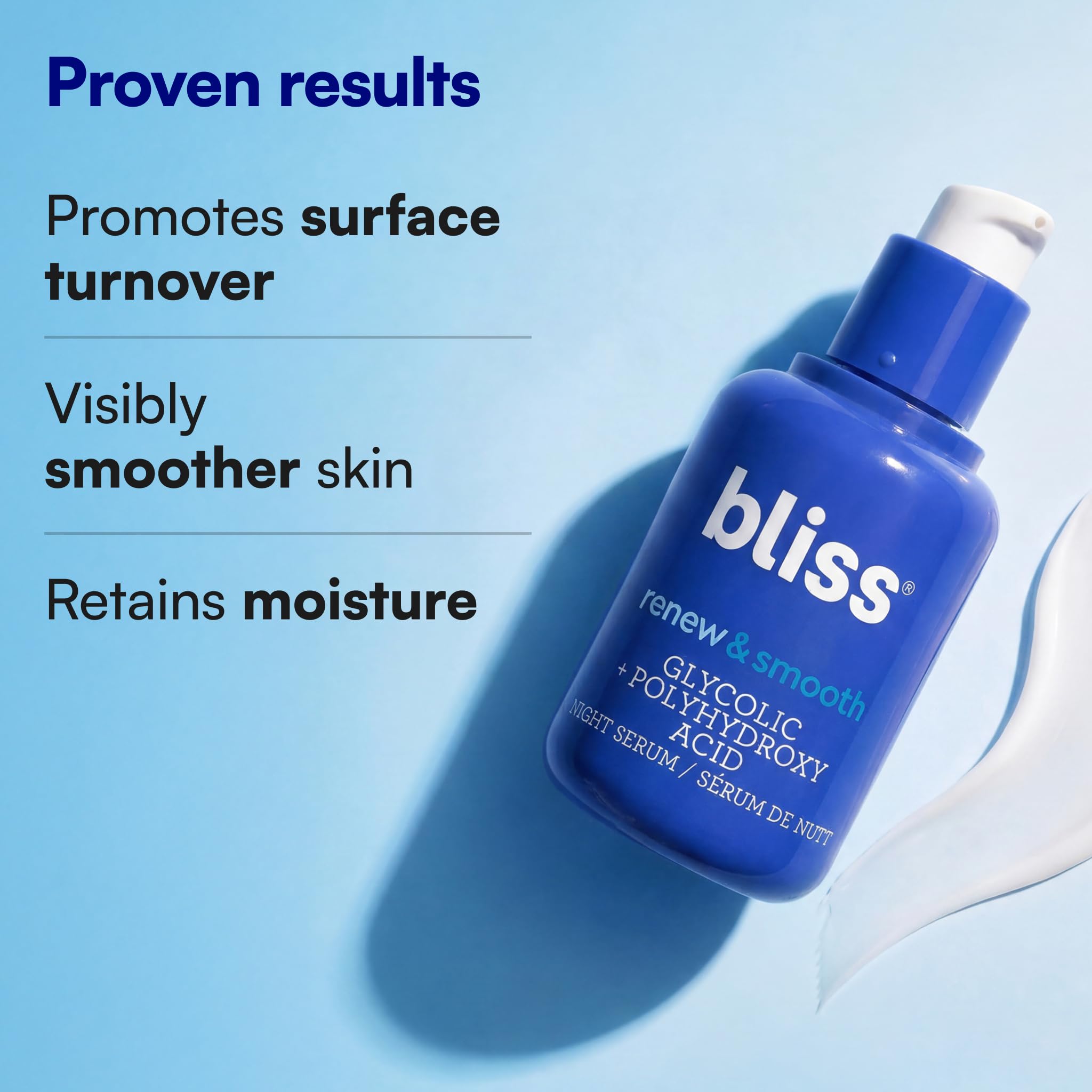 Bliss Renew & Smooth Night Serum – Glycolic Acid + Polyhydroxy Acid Exfoliating Serum – Resurfaces Skin, Smooths Texture & Brightens Tone Overnight – 1 Fl Oz