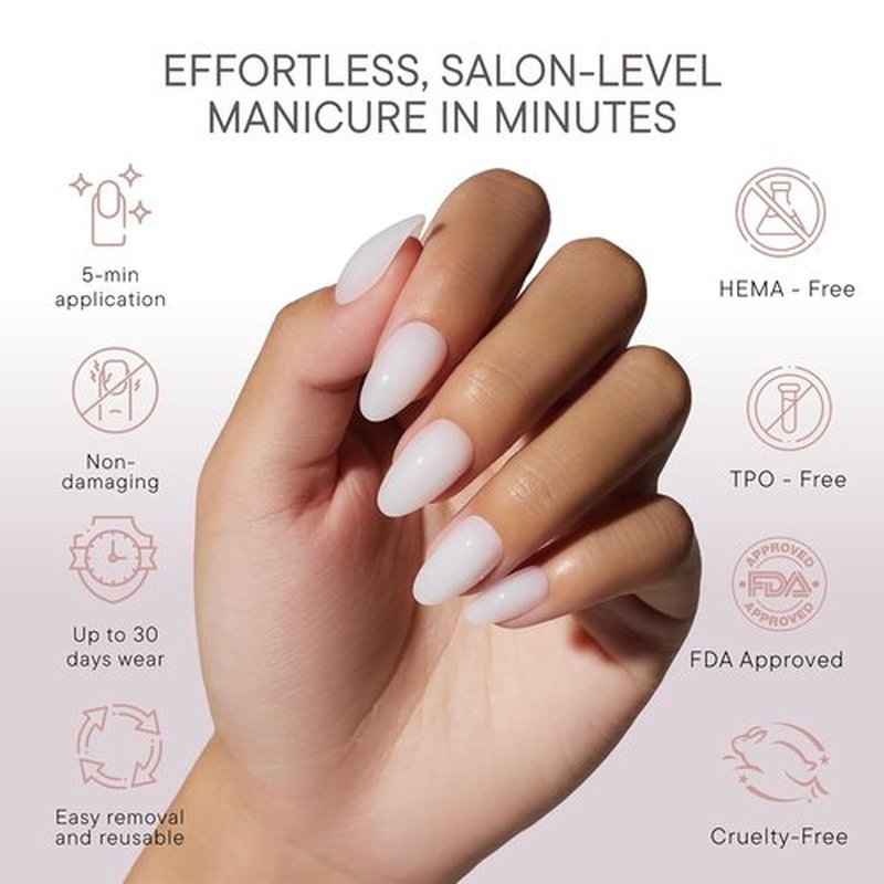 Celebritips Press On Nails - Salon U-ltimate™ Short Almond Nails | Sheer Milk, Reusable | 32 Nails Kit with Glue & Sticky Tabs