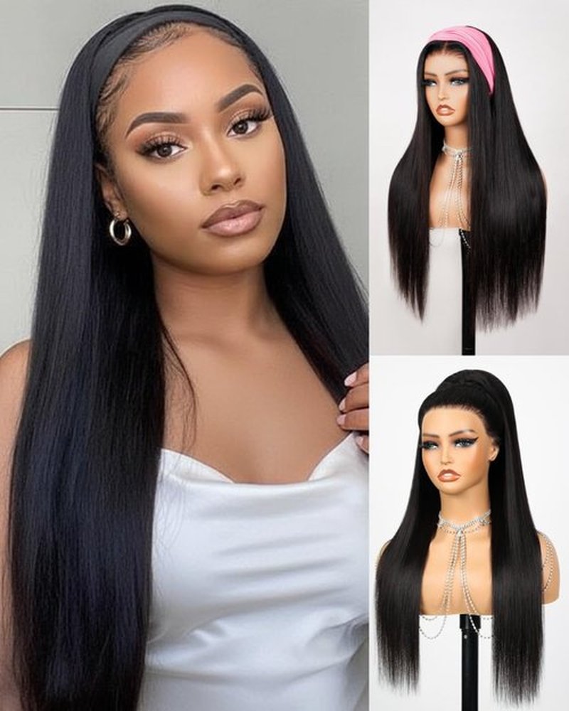 Megalook hair Straight Headband Wig Human Hair Drawstring Ponytail Half Wig No Lace Wear and Go Glueless Wigs Human Hair 20 Inch Ponytail Extension Natural Black 200% Density