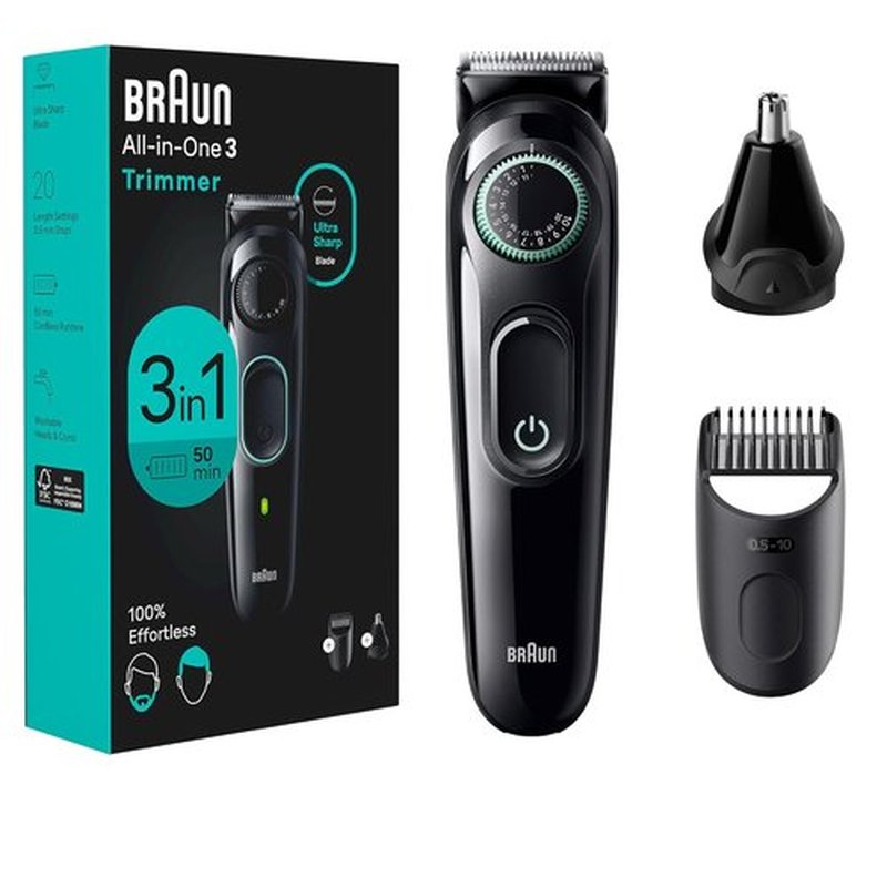 Braun All-in-One Style Kit Series 3 3430 - 3-in-1 Trimmer for Men | Beard, Ear & Nose Trimmer, Hair Clippers, 20 Length Settings