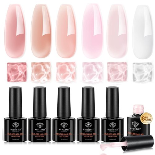 modelones Builder Nail Gel Polish Set, Base Colors Jelly Nude Pink Hard Strengthener Rubber Gel Polish 8-in-One Extension LED Nail Lamp Cured 6 Colors