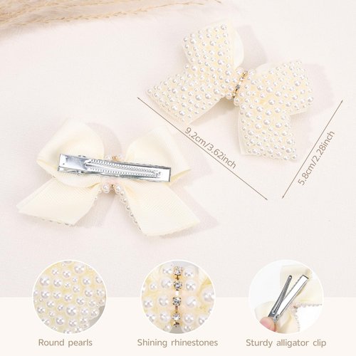 TOKUFAGU 2 PCS Pearl Hair Bows Clips for Toddler Girls, Elegant Ivory White Pearl Clips Hair Accessory for Flower Girl Wedding Birthday Halloween Christmas