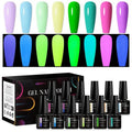 MEET ACROSS Glow in the Dark Gel Nail Polish Set, Halloween Neon Hot Pink Yellow Green Bright Luminous Gel Polish Fluorescent 8 Colors Glow in Dark Effect with Base Top Gel Nail Dehydrator and Primer