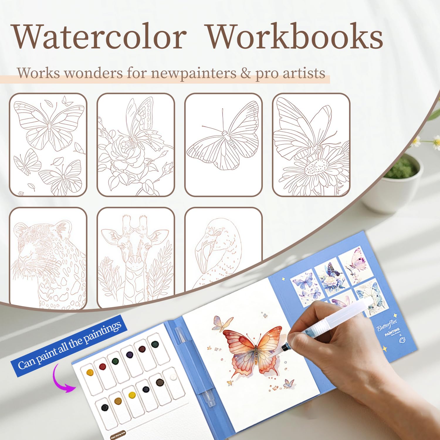 NaTuGi 2Pac Watercolor Workbook for Adults,Watercolor Coloring Book,Portable Watercolor Painting Books,Creative Stress Relief Kit,Suitable for Beginners Birthday Gift (Butterflies and Animals)