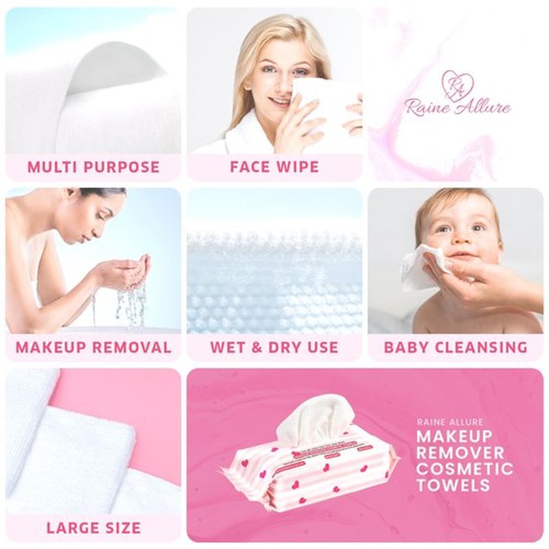 Raine Allure Makeup Remover Cosmetic Towels, Reusable (25 Count, 200 Uses) and Disposable Face Towel, Machine Washable, Ultra Soft, Removes All Types of Makeup, Specifically Made for Face and Body