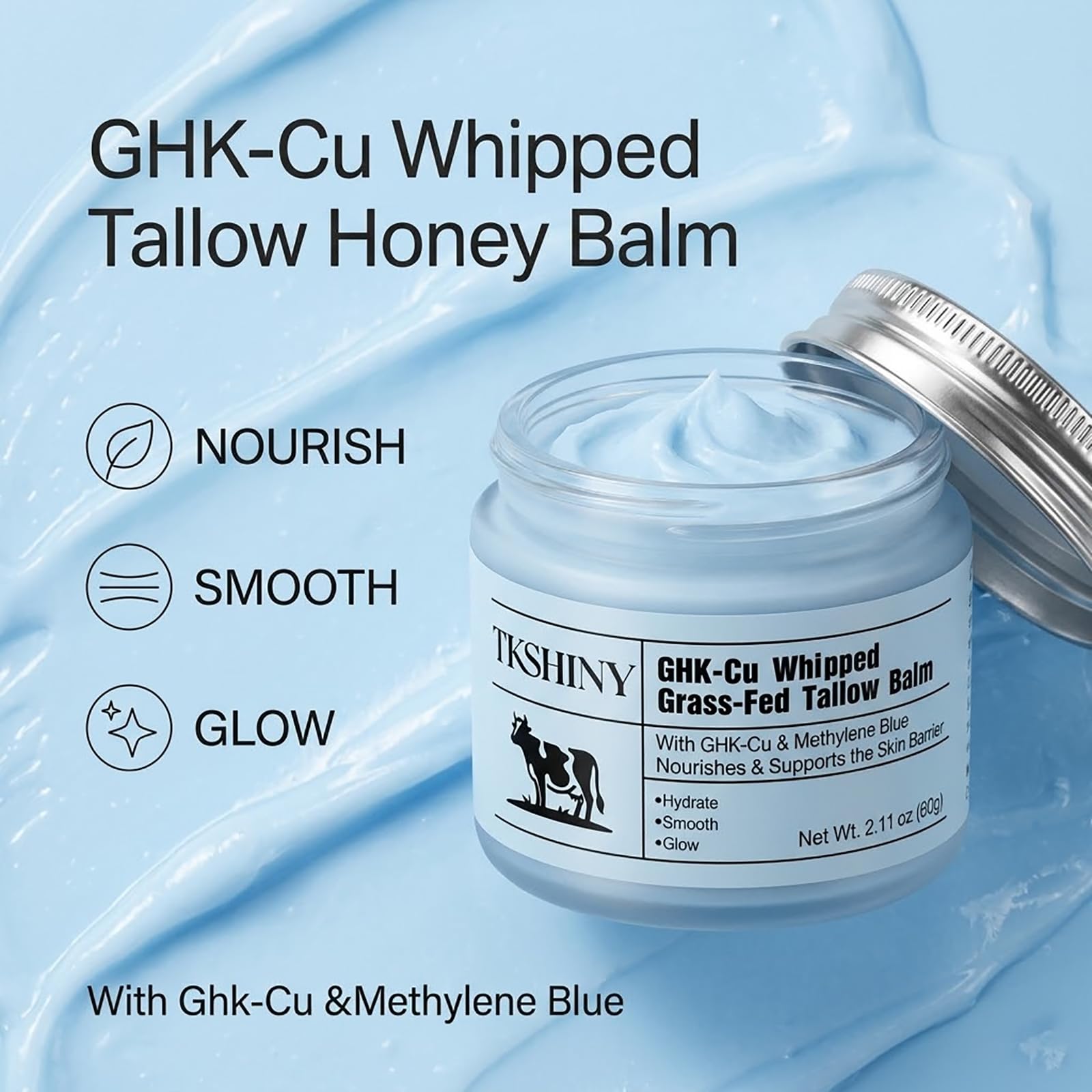 TKSHINY GHK-CU & Methylene Blue Grass-Fed Tallow Balm, Face Moisturizer with Hyaluronic Acid & Honey Extract, Skin Barrier Repair & Anti-Aging Face Cream for Fine Lines & Dry Skin 2.11Oz