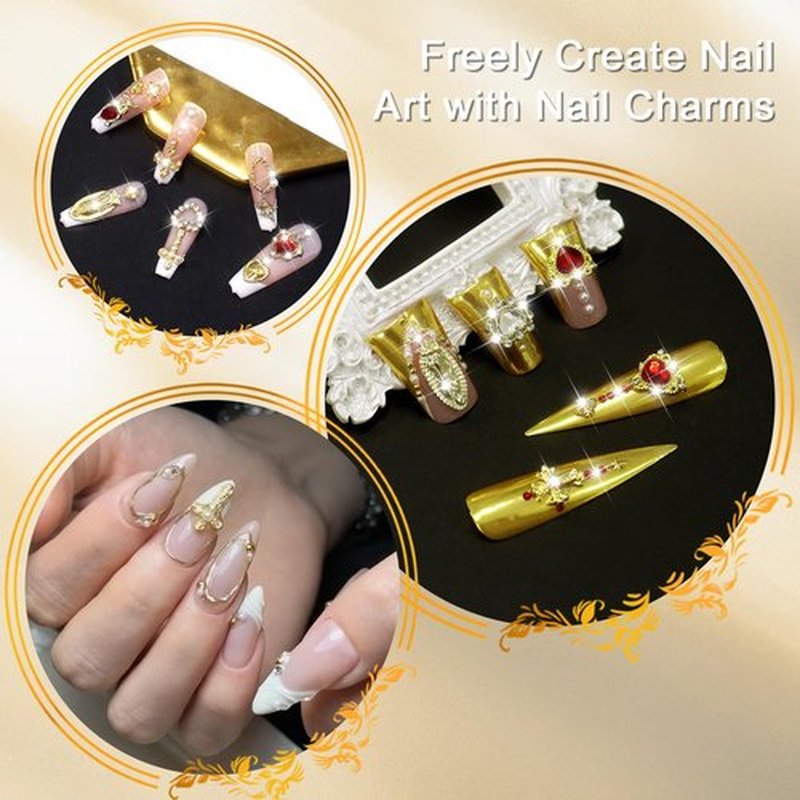 Allstarry Gold Nail Charms, Gold Charms for Nails 3D Charm and Gems Y2K with Flatback Rhinestones Pearls Chunky Bulk Jewels Gold Cross Star Rose Heart Virgin Mary Nail Accessories