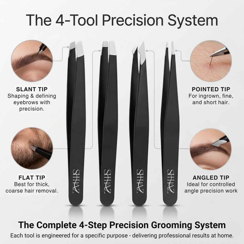 Shhhaz Professional Eyebrow Tweezers Set – Precision Slant, Pointed, Flat & Angled Tweezers for Women – Stainless Steel Facial Hair Removal Kit with Case