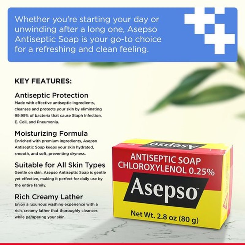 Asepso Antibacterial Bar Soap – 4 Pack 80g / 2.8 oz Each – Antiseptic Cleansing Soap – Choose Scent (Original)