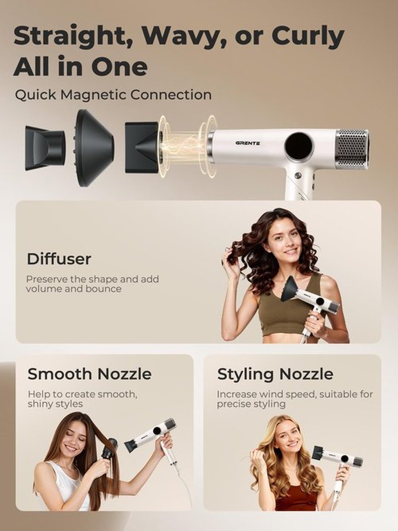 Grente Foldable Hair Dryer with Diffuser, 110,000 RPM High-Speed Negative Ionic Blow Dryer 4 Heat/3 Speed Settings, Magnetic Diffuser & Concentrator, Lightweight & Low Noise for Home and Travel