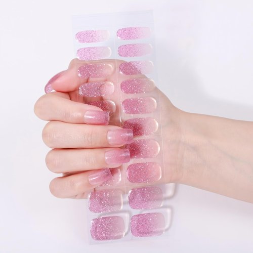 SIUDXA Semi Cured Gel Stickers - Salon Quality UV Manicure Wraps, Long Lasting DIY Finger Decals, Easy Application, Pink Gradient Glitter (20 PCS)