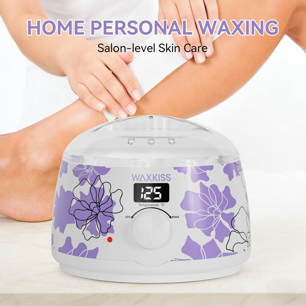 Waxkiss Digital Wax Warmer, White with Purple Floral Prints, 14oz Non-Stick Silicone Pot Hair Removal Heater, Adjustable Temperature with See-Through Lid for Women Men