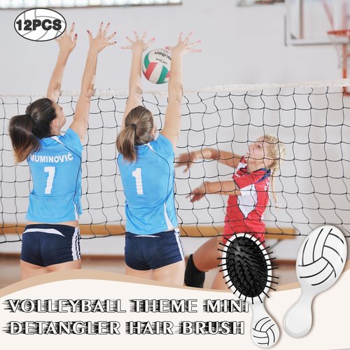 12 Pcs Volleyball Mini Detangler Brush, Mini Travel Hair Brush, Bristles Plastic Detangling Brush,No Tangle Soft Flexible Bristles for Straight, Curly, Thick Hair for Volleyball Team Gift Sport Party