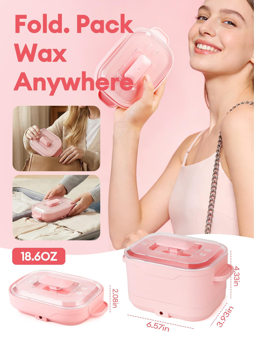 Mini Wax Warmer for Hair Removal,Foldable Silicone Wax Warmer for Hard Wax with 2 Reusable Silicone Applicator Sticks, 18.6Oz Portable Wax Warmer for Eyebrow, Face & Bikini, Travel Wax Kit